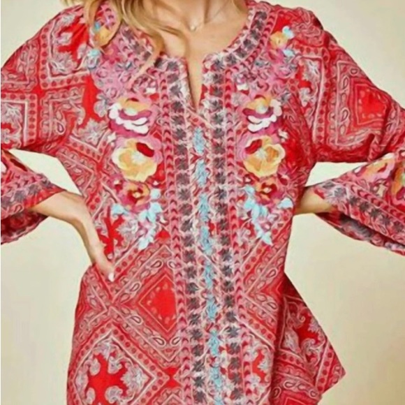 Savanna Jane Pink Bandanna  Print Mexican Embroidered Tunic  Top, Size Small - Picture 1 of 15